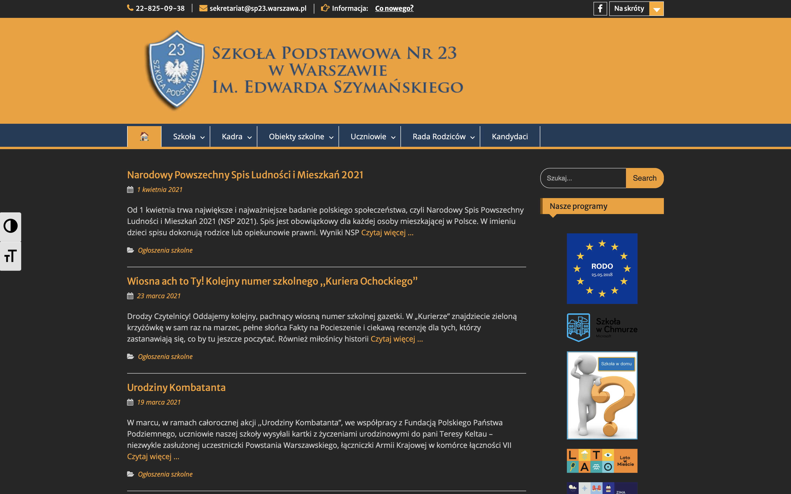 Screenshot of SP23's website from 2021, dark theme